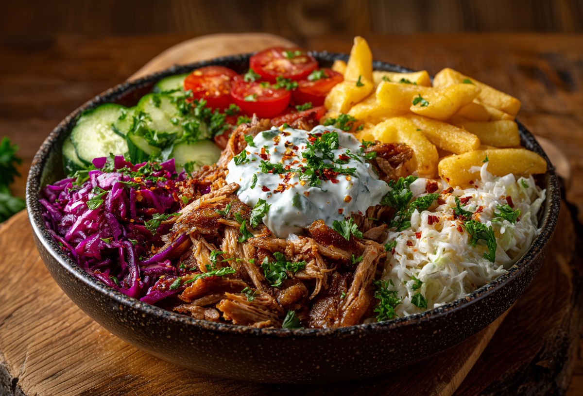 Eine Pomm-Döner-Bowl auf einem hölzernen Untersetzer. Im Hintergrund liegt frische Petersilie.
