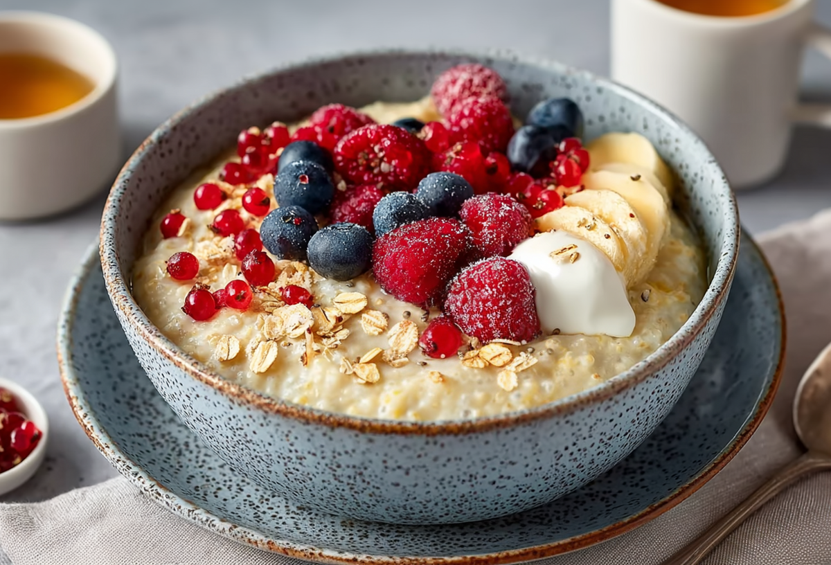 Eine Schale mit Pudding-Porridge, dekoriert mit Beeren, Bananen und Joghurt. Im Hintergrund ist Frühstücksgeschirr wie Löffel und Becher.