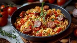 Reispfanne mit Wurst auf einem Tisch