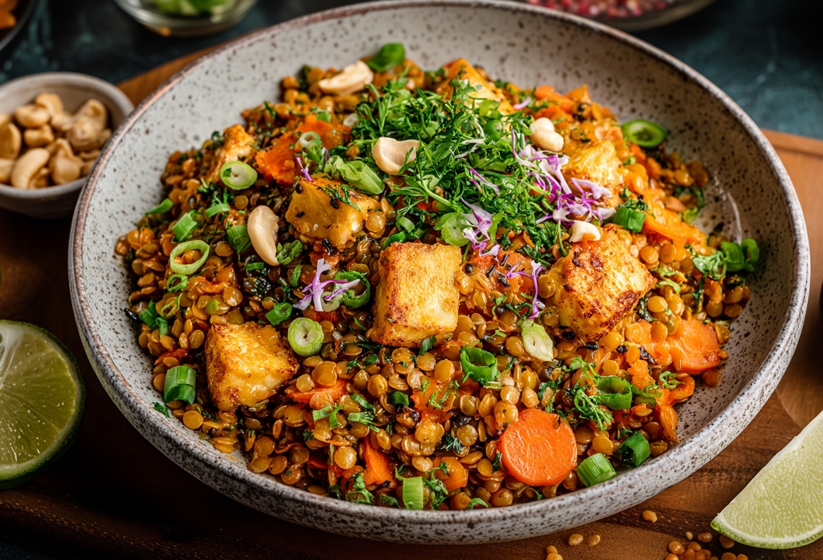 Eine Salatschüssel mit rotem Linsensalat mit Räuchertofu.