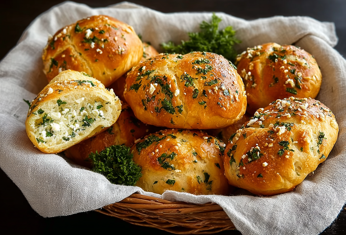 Schafskäsebrötchen in einem Holzkorb, der mit einem Tuch ausgeschlagen ist.
