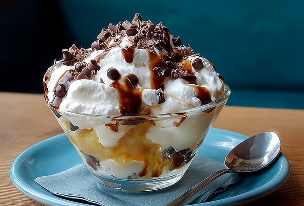 Ein Eisbecher mit Eis, Sahne und Apfelmus steht auf einem Teller. Daneben liegt ein Löffel.