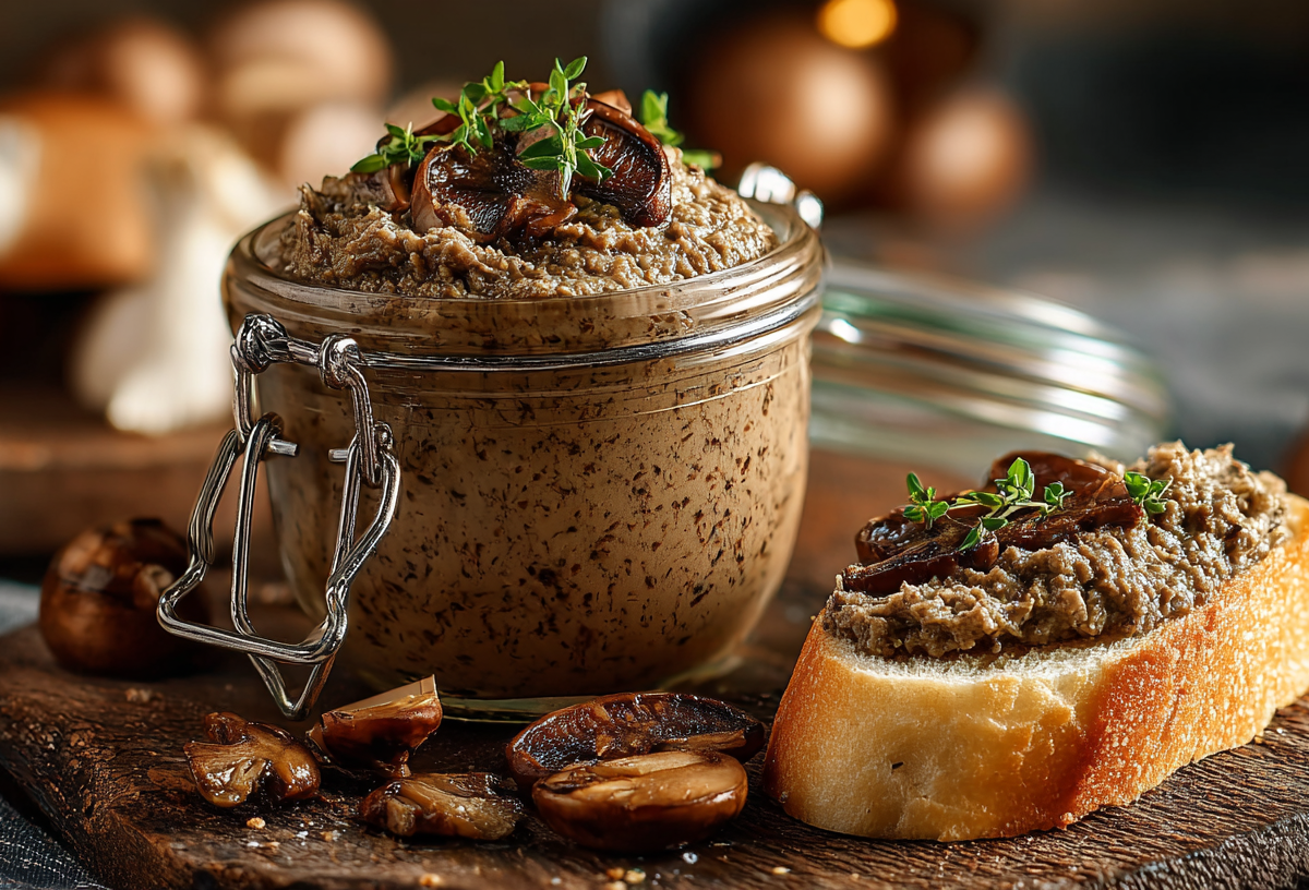 Ein Glas Shiitake-Aufstrich, daneben eine Scheibe Baguette, bestrichen mit dem Aufstrich.
