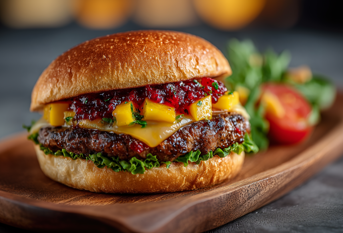 Ein Sommerburger mit Erdbeer-Chutney auf einem Holzbrett. Im Hintergrund liegt etwas Salat und eine Tomate.