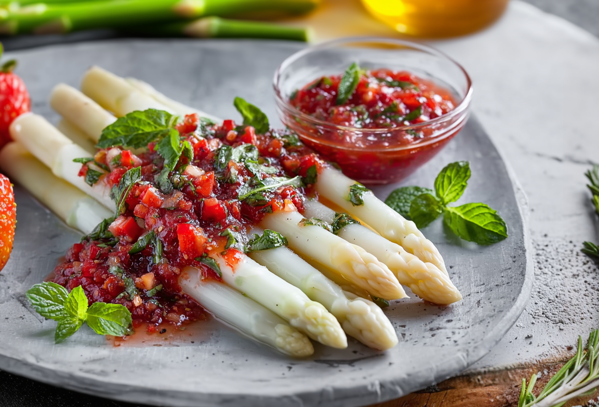 Weißer Spargel mit Erdbeer-Basilikum-Minz-Soße auf einem grauen, rustikalen Teller. Links auf dem Teller liegen frische Erdbeeren. Rechts im Bild liegt ein Rosmarinzweig.