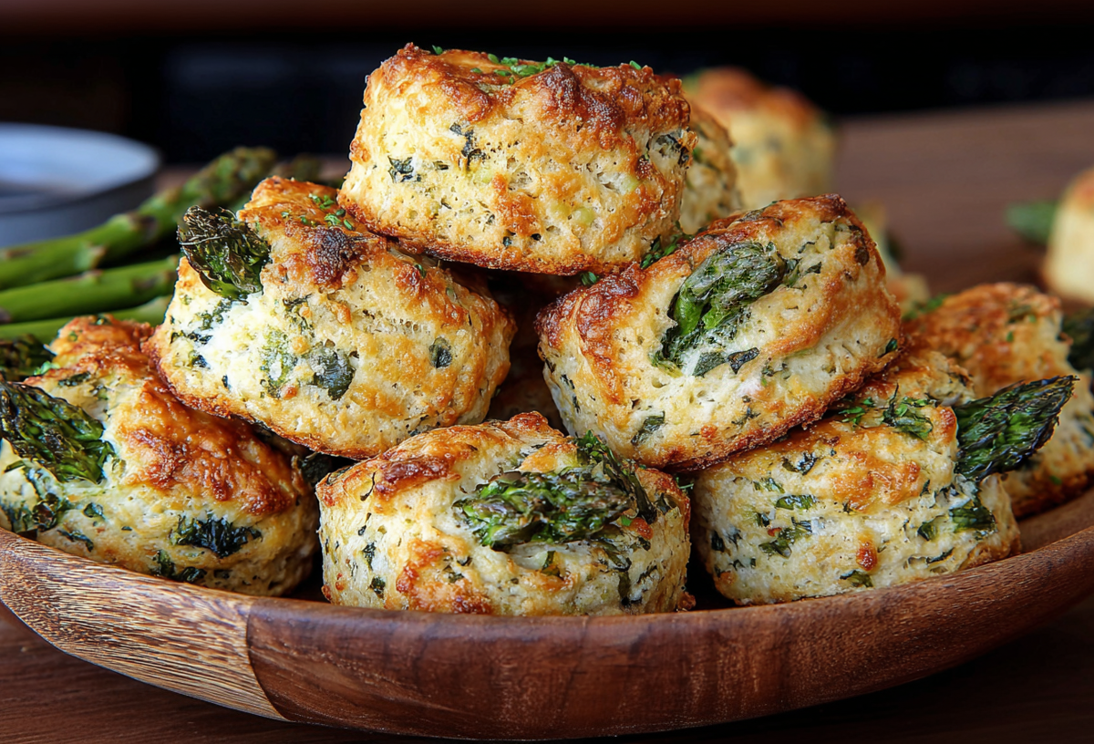 Ein Stapel Spargel-Scones mit Blauschimmelkäse in einer Holzschale.