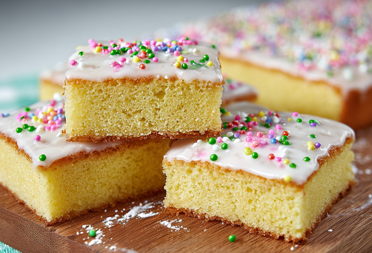 Mehrere Stücke Sprite-Kuchen auf einem Holzbrett, im Hintergrund der Rest des Kuchens.
