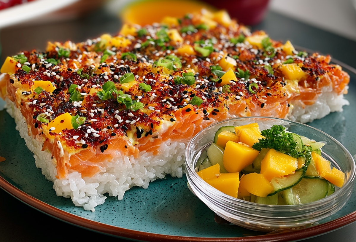 Ein Teller mit Sushi-Auflauf mit Lachs und Mango. Davor steht ein Schälchen mit Gurken-Mango-Salat.