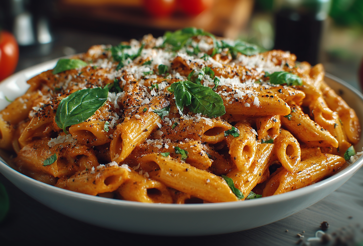 Ein Teller Tomaten-Knoblauch-Pasta auf einem grauen Holztisch. Im Hintergrund sieht man einige Tomaten. Vor dem Teller liegen noch Gewürze.