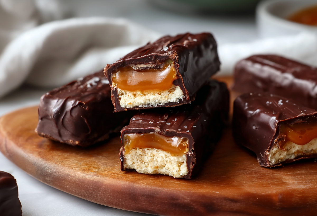 Fünf vegane Twix liegen auf einem Holzbrett. Im Hintergrund sieht man ein Küchentuch. Drei Riegel sind aufgeschnitten und geben den Blick auf die Karemell-Keksfüllung frei.