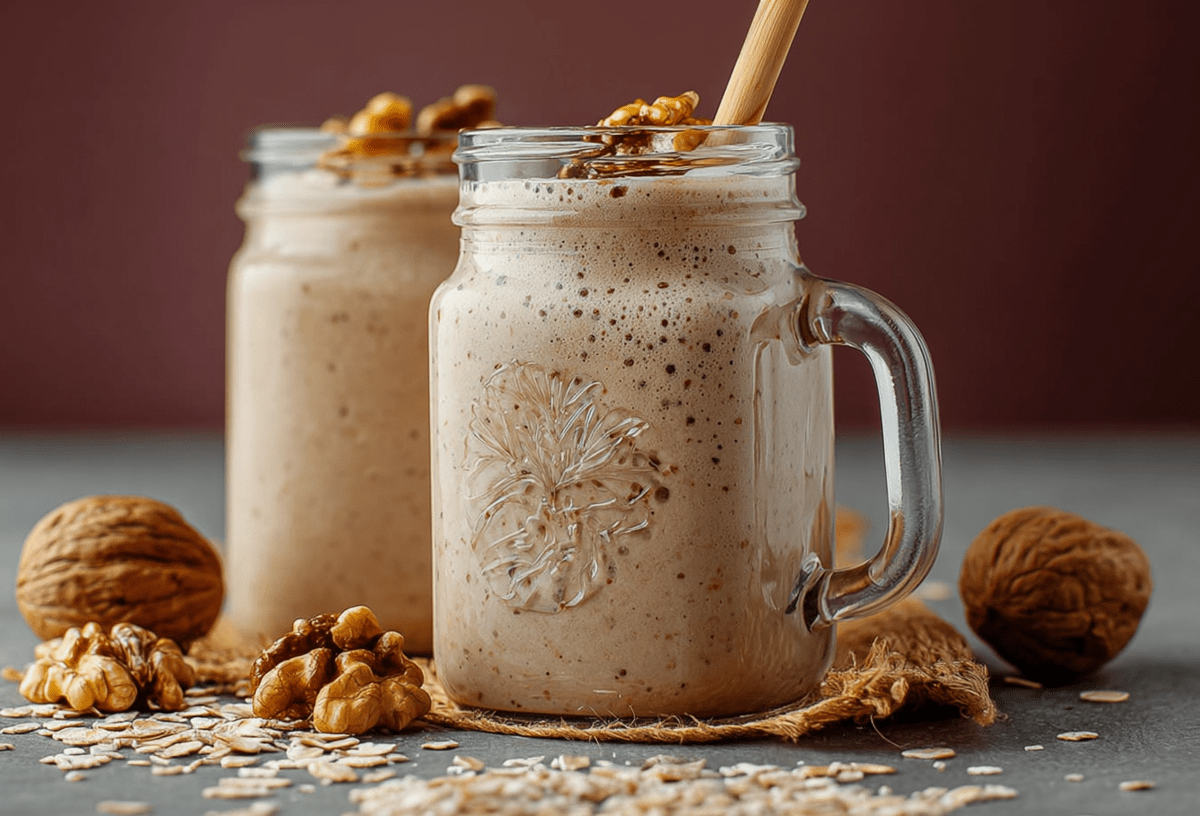 Zwei Gläser mit Walnuss-Hafer-Smoothie stehen nebeneinander. Außen herum liegen Walnüsse als Dekoration.