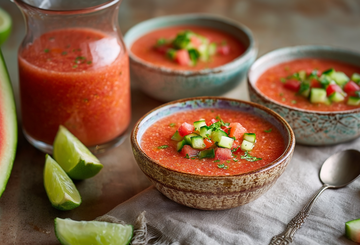 Drei kleine Schüsseln mit Wassermelonen-Gazpacho.