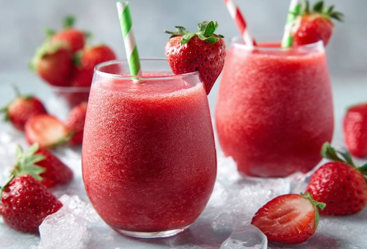 Zwei Gläser mit Wein-Slushy mit Erdbeeren sind zu sehen. Außen herum liegen Erdbeeren und Eiswürfel.