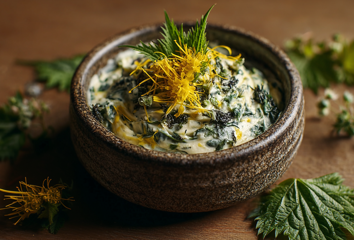 Eine Schale Wildkräuterbutter, dekoriert mit Löwenzahnblüten und Brennnesselblättern.