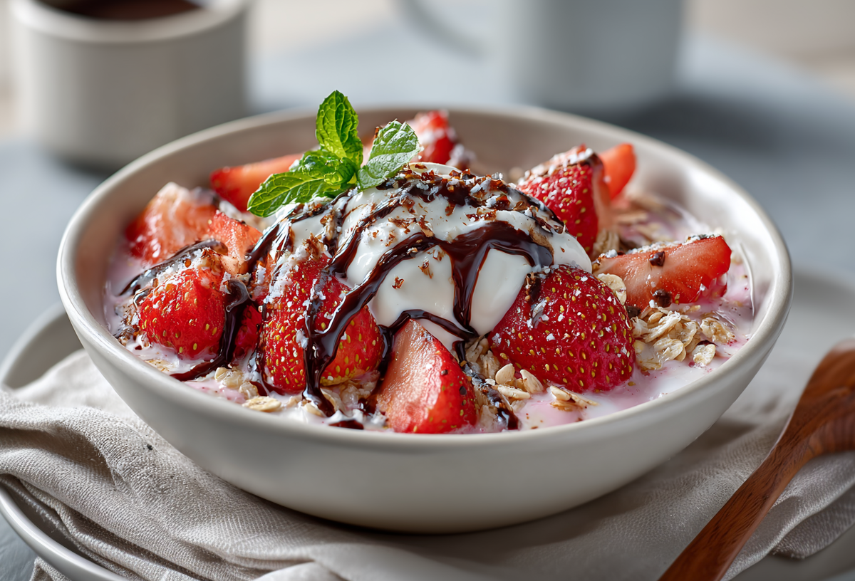 Eine Yogurette-Bowl auf einem Frühstückstisch. Die Bowl steht auf einem Unterteller auf einem Tuch. Rechts neben der Bowl liegt ein Holzlöffel. Im Hintergrund stehen zwei Kaffeetassen.