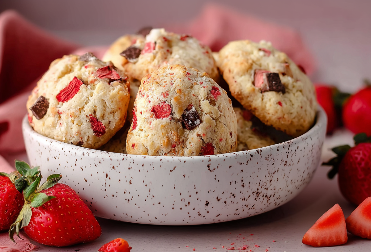 Eine Schale mit Yogurette-Cookies. Außen herum liegen einige frische Erdbeeren als Dekoration.
