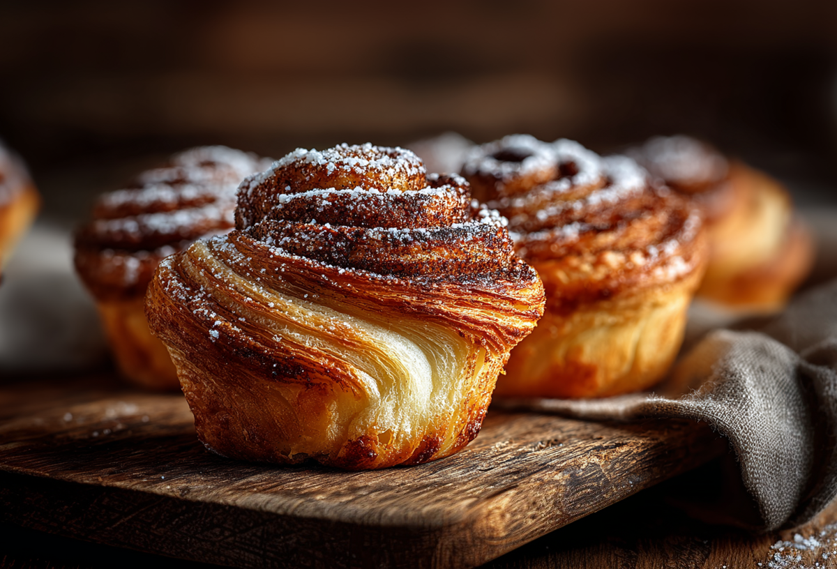 Mehrere Zimtschnecken Cruffins stehen auf einem rustikalen Holzbrett.