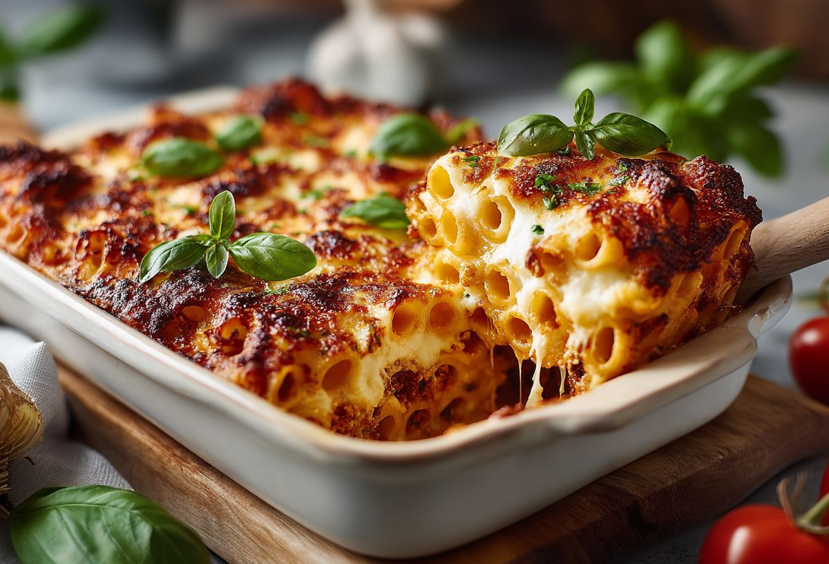 Ziti al forno in einer weißen Auflaufform. Ein Holzlöffel hebt eine Portion heraus. Die Form steht auf einem Holzbrett. Drumherum liegt Basilikum, Tomaten und Knoblauch verteilt.