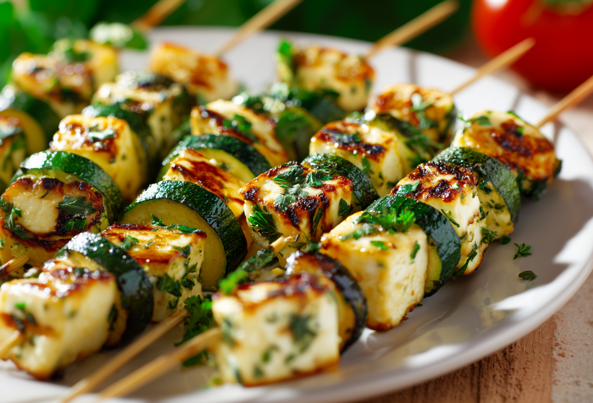Ein Teller mit Zucchini-Halloumi-Spießen vom Grill.