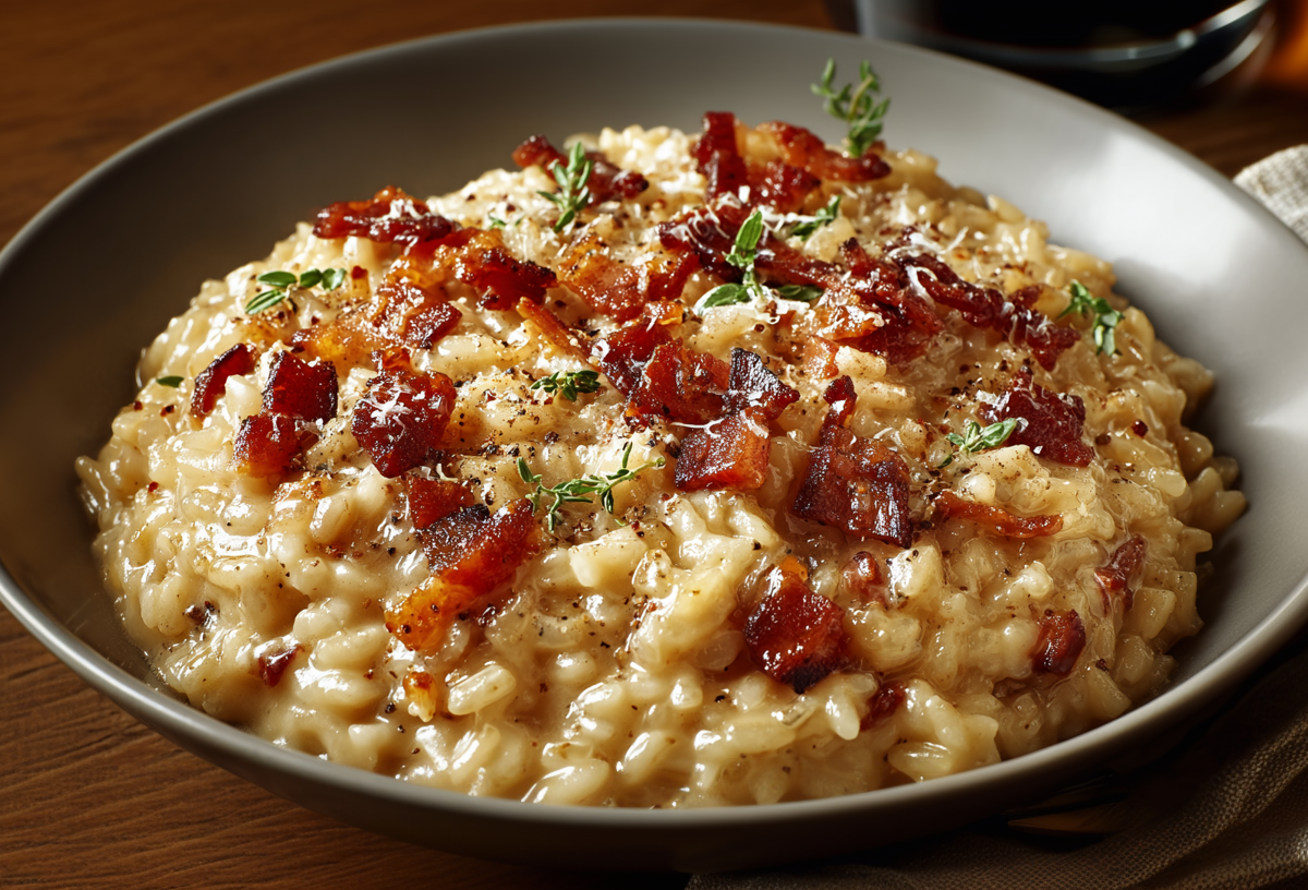 Eine Schüssel mit cremigem Zwiebel-Speck-Risotto auf einem Holztisch. Rechts im Bild sieht man ein Geschirrtuch und eine Gabel.