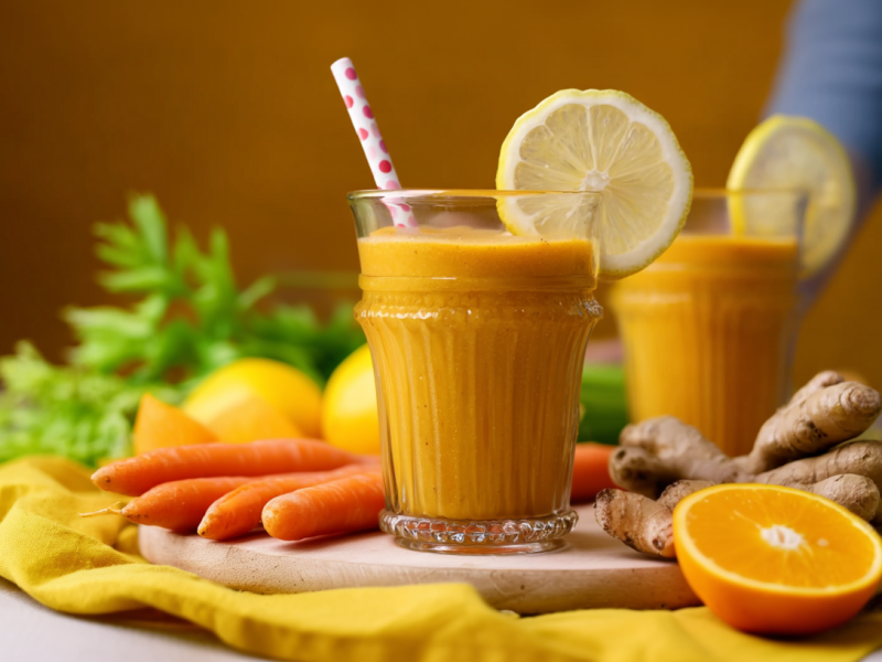 Zwei Gläser mit ACE-Smoothies, dekoriert mit je einer Scheibe Zitrone und Strohhalmen. Außen herum liegen Karotten, Zitronen, Ingwer und Orangen als Dekoration.