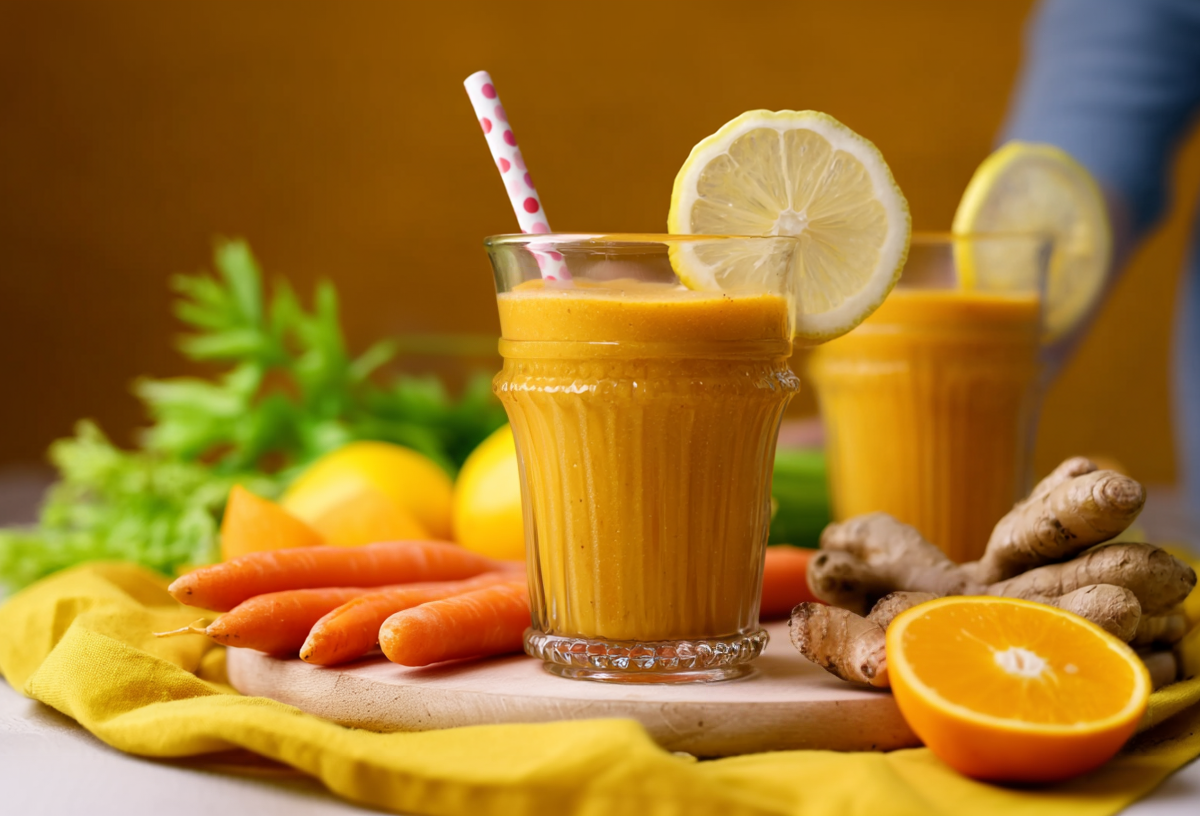 Zwei Gläser mit ACE-Smoothies, dekoriert mit je einer Scheibe Zitrone und Strohhalmen. Außen herum liegen Karotten, Zitronen, Ingwer und Orangen als Dekoration.