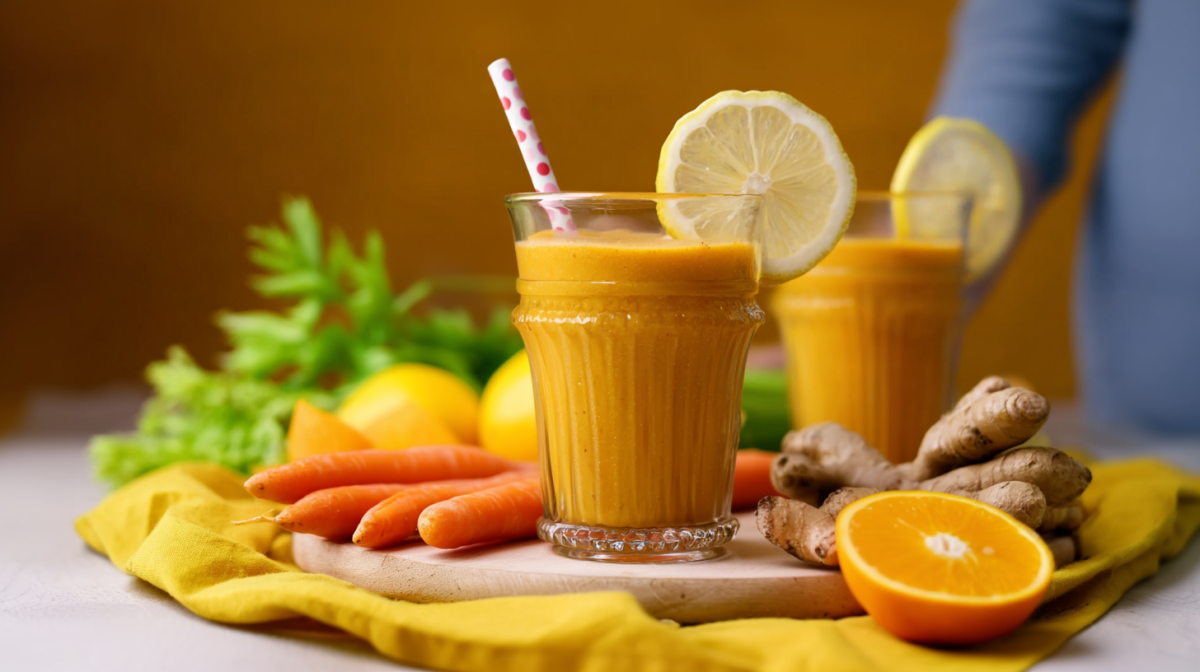Zwei Gläser mit ACE-Smoothies, dekoriert mit je einer Scheibe Zitrone und Strohhalmen. Außen herum liegen Karotten, Zitronen, Ingwer und Orangen als Dekoration.