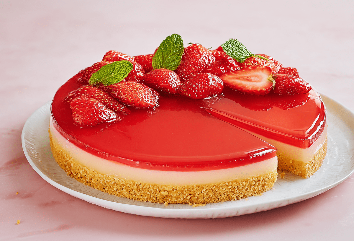 Erdbeer-Grieß-Tarte mit Erdbeeren als Dekoration. Ein Stück ist angeschnitten.