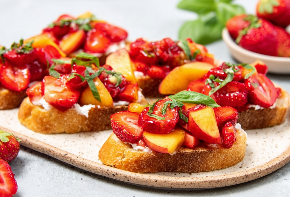 Erdbeer-Nektarinen-Bruschetta, angerichtet auf einem Brett. Im Vordergrund liegt eine Erdbeere, im Hintergrund ist eine Schale mit den Beeren zu sehen.