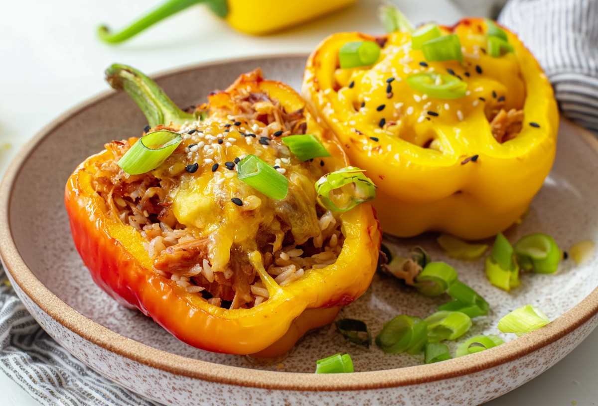 Zwei gefüllte Paprika mit Teriyaki-Hähnchen auf einem grauen Teller. Im Hintergrund sieht man ein paar Ananasstücke sowie eine gelbe Paprikaschote.