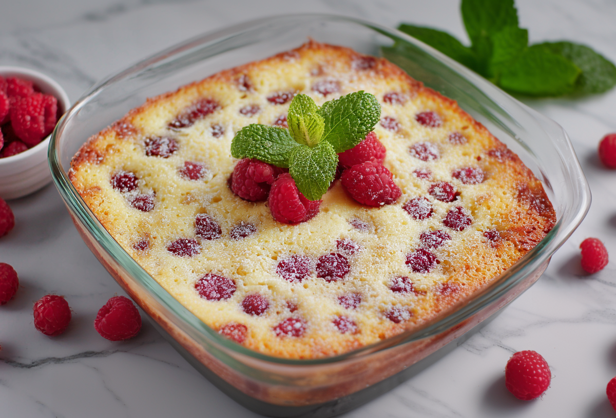 Eine Auflaufform gefüllt mit Grießauflauf mit Himbeeren und Quark. Dekoriert mit frischen Himbeeren und Minzblättern. Einige Himbeeren liegen um die Form herum.