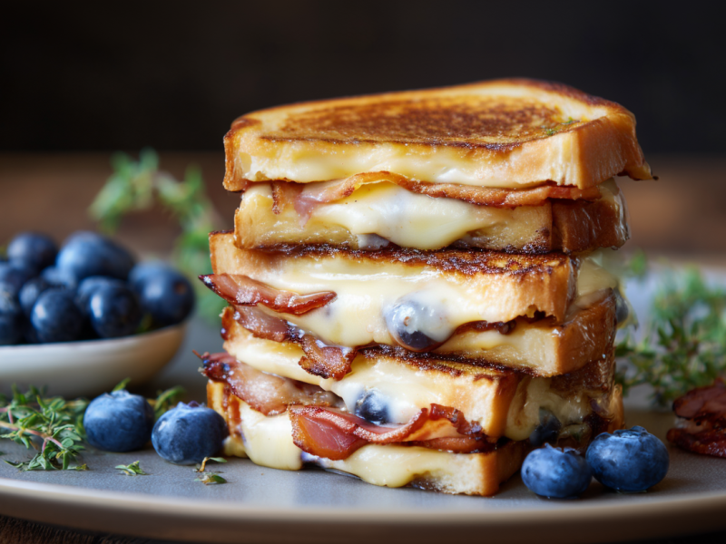 Das perfekte gegrillte Sandwich: mit Blaubeeren, Bacon und Brie