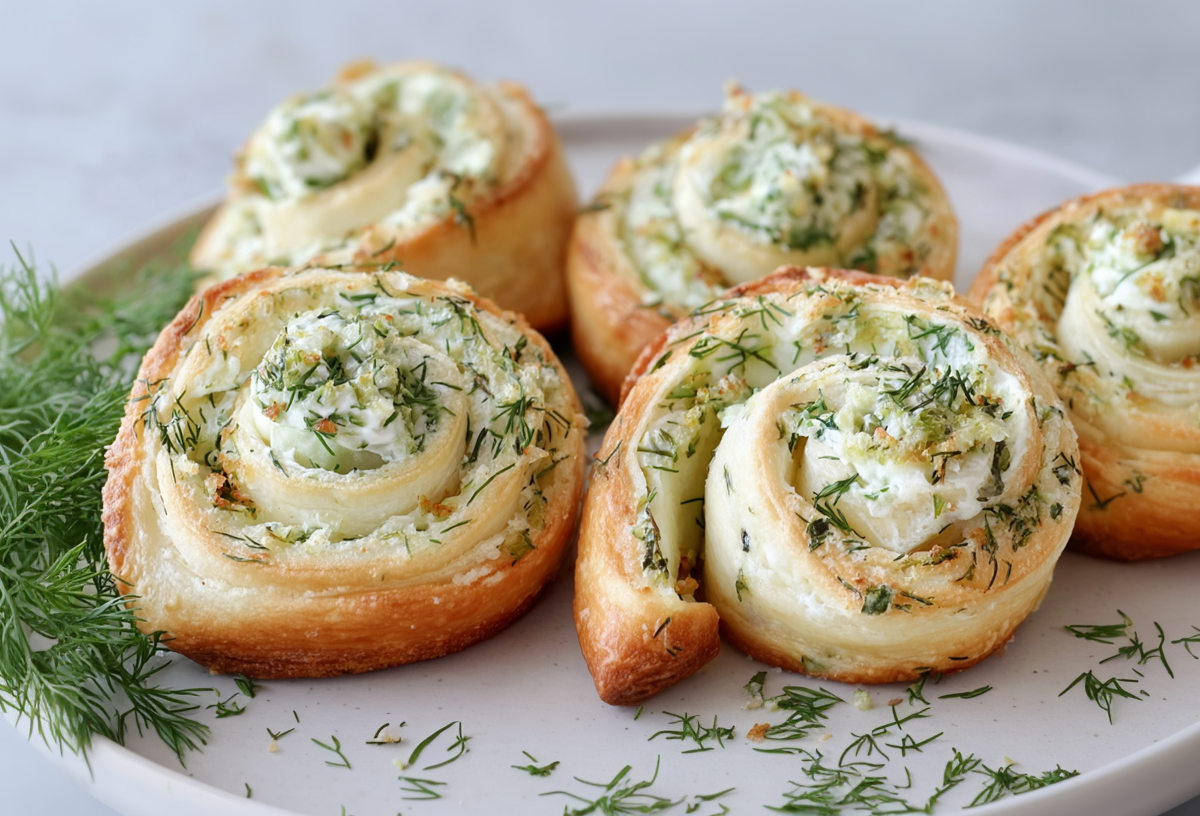 Fünf Gurken-Frischkäse-Schnecken liegen auf einem weißen Teller. Sie sind mit frischem Dill bestreut und daneben liegt noch weiterer frischer Dill.
