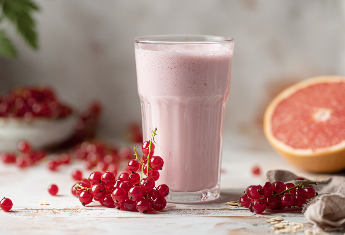 Ein Glas mit Johannisbeer-Lassi steht auf einem Tisch. Davor und daneben liegen einige Johannisbeeren. Im Hintergrund liegt eine aufgeschnittene Grapefruit.