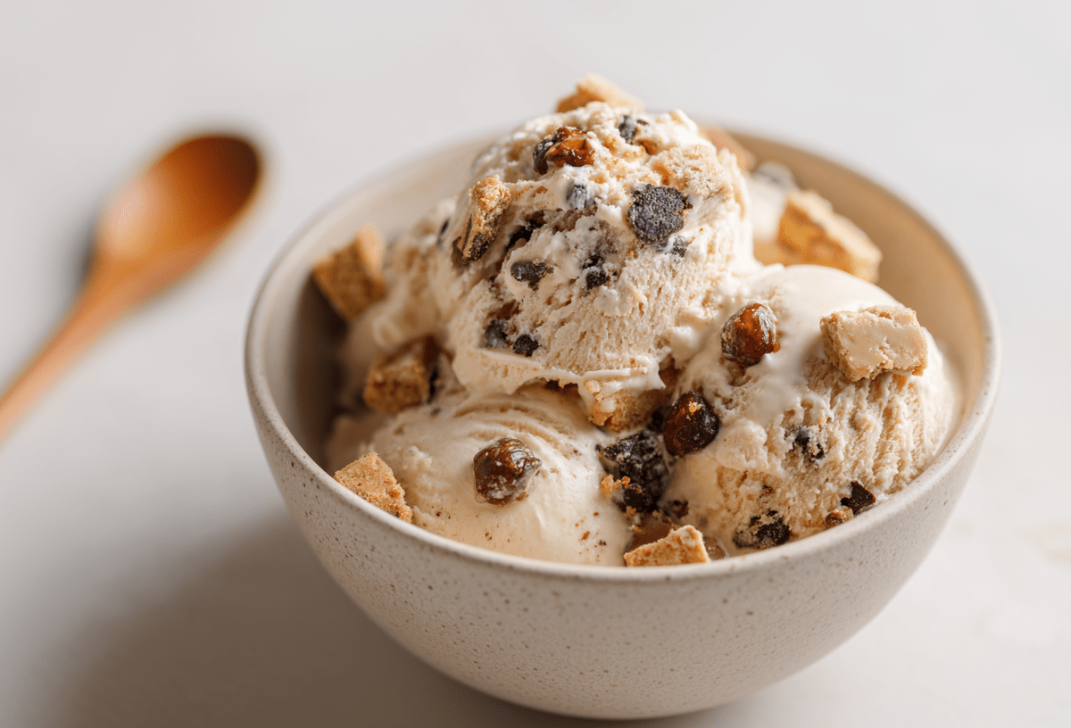 Eine Schale Keksteig-Eis. Links im Hintergrund liegt ein Holzlöffel. Das Eis ist mit Keksteig-Stücken, Schokodrops und karamellisierten Haselnüssen zubereitet.