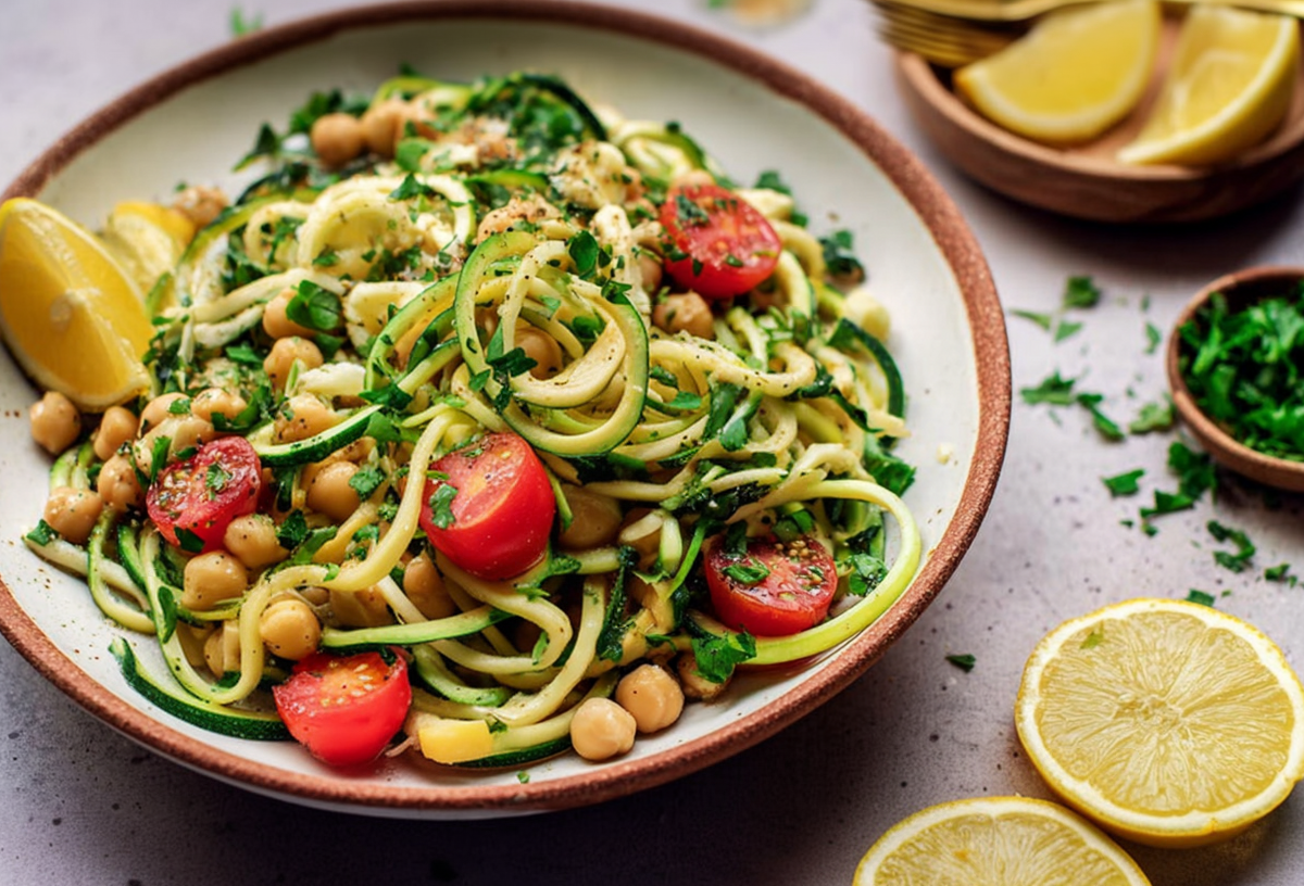 Eine Schüssel mit Kichererbsen-Zoodle-Salat mit Tahini-Dressing. Daneben liegen einige Zitronenscheiben als Dekoration und ein Schälchen mit frischer Petersilie.