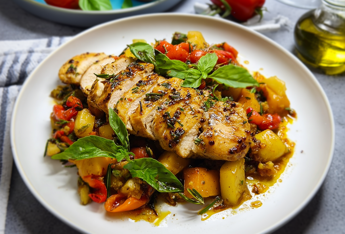 Knoblauch-Hähnchen mit Ratatouille auf einem hellen Teller, garniert mit Basilikum.