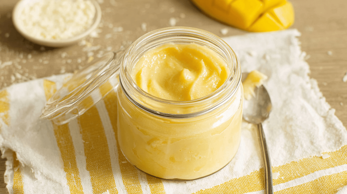 Ein Glas Mango-Kokos-Aufstrich.