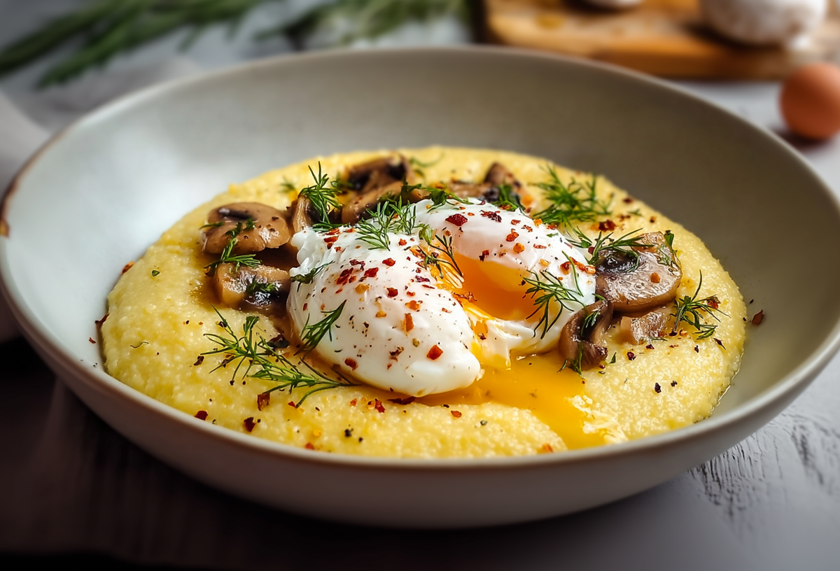 Eine Schüssel mit Polenta mit pochierten Eiern, die mit angebratenen Champignons und einem pochierten Ei getoppt ist.