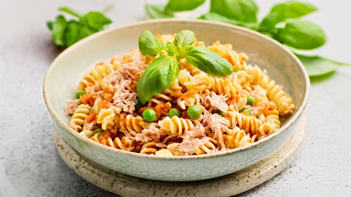 Thunfisch-Pasta in einem Teller, garniert mit frischem Basilikum. Im Hintergrund liegt frischer Basilikum als Deko.