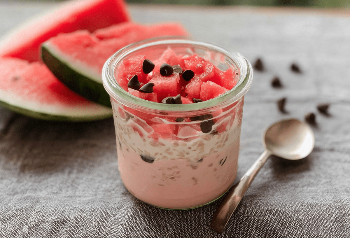 Ein Glas Wassermelonen-Overnight-Oats, daneben liegen Wassermelonenstücke nud Schokodrops.