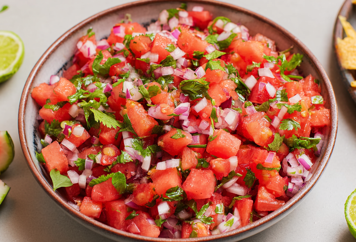 Eine Schale mit Wassermelonen-Salsa.
