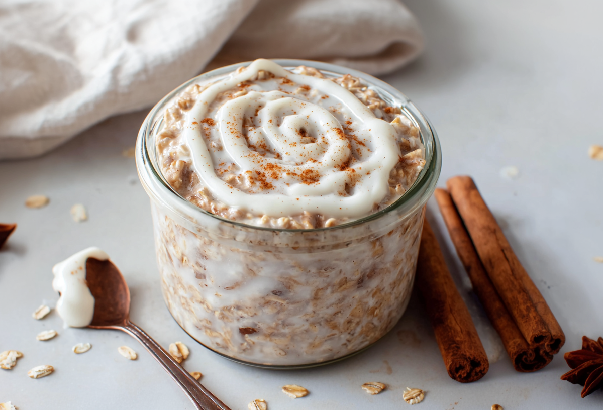 Ein Glas Zimtschnecken Overnight Oats steht auf einer hellen Unterlage. Rechts neben dem Glas liegen zwei Zimtstangen sowie ein Sternanis. Links liegt ein Löffel mit dem Topping sowie ein weiterer Sternanis.