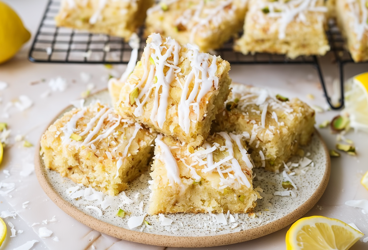 Zitronen-Kokos-Blondies auf einem Teller. Als Dekoration liegen einige Zitronenscheiben außen herum.