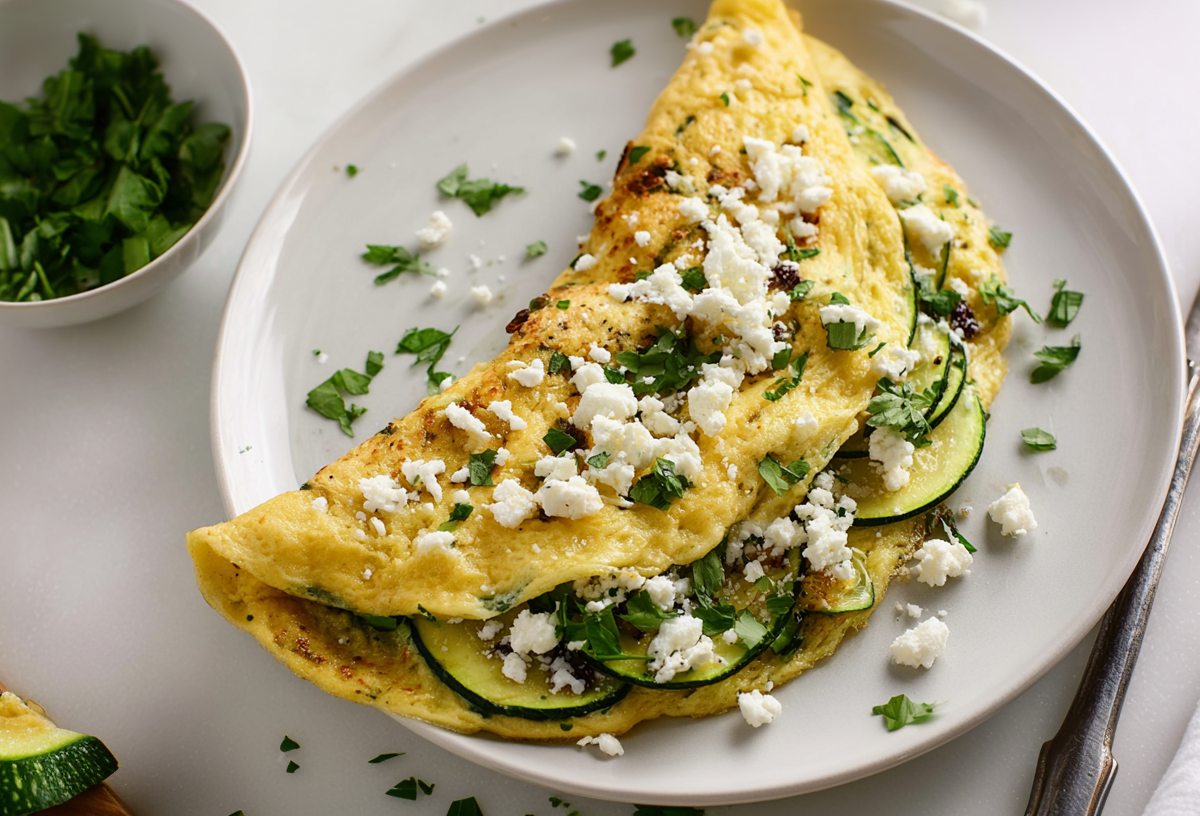 Zucchini-Feta-Omelett, garniert mit Feta und Kräutern, auf einem Teller.