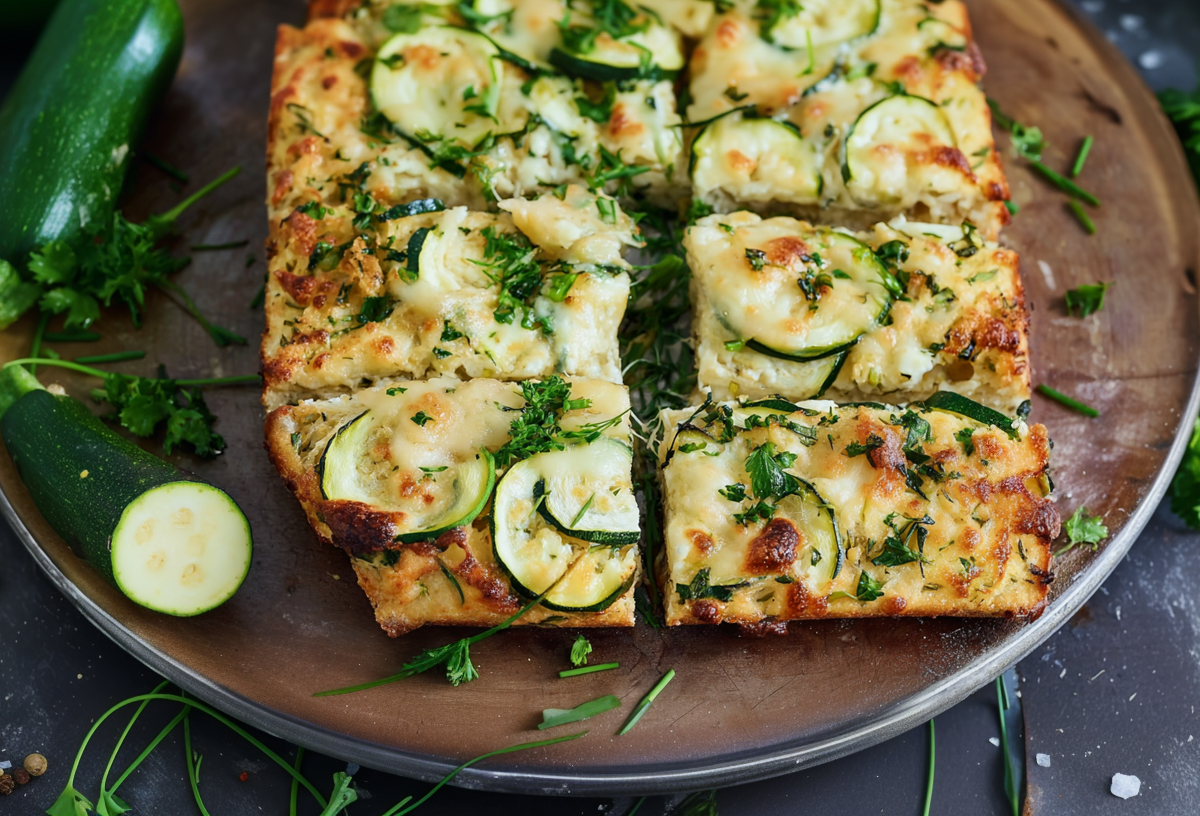 Zucchini-Grillbrot, serviert auf einem großen Teller. Daneben liegen aufgeschnittene Zucchini und frische Kräuter als Dekoration.