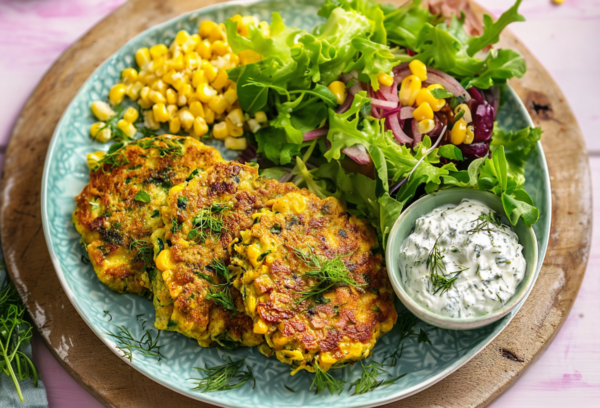 Zucchini-Mais-Puffer, serviert auf einem Teller mit Kräuterdip, Salat und frischem Mais.