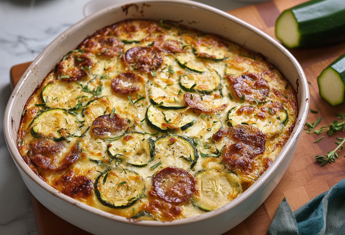 Eine Auflaufform mit Zucchini-Würstchen-Auflauf, daneben liegen Zutaten.